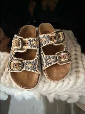 House of Harlow 1960 Beaded Tan and Cream Double Buckle Sandals